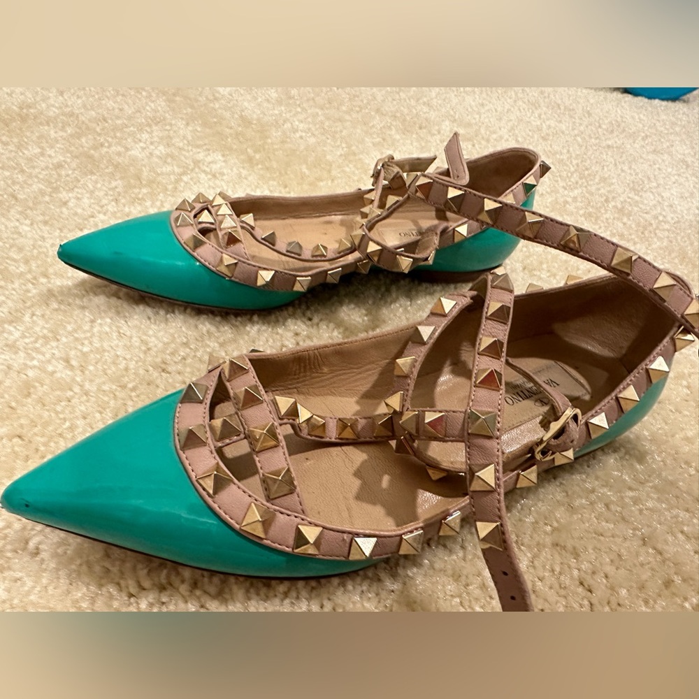 Green Valentino Rockstud Ballerina Flats